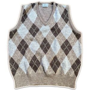 VINTAGE‎ argyle diamond plaid knit sweater vest v-neck sleeveless neutral preppy
